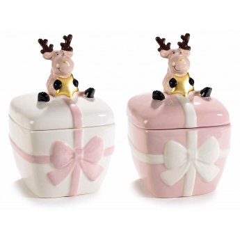 Barattolo di Natale con fiocco e renna con stella di neve in ceramica 10,5 x 11 x 17cm