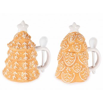 Tazza in ceramica a forma di albero di Natale con coperchio e cucchiaio, 400 ml