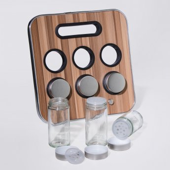 Porta spezie con 6 barattoli, in vetro e acciaio inox, finitura legno, 23 x 23,5 x 1,5 cm
