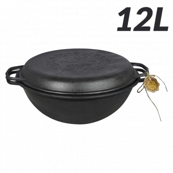 Calderone uzbeko in ghisa, 12 litri, con coperchio per padella