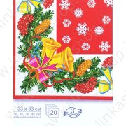 Салфетки бумажные "Колокольчики" красный фон со снежинками, (набор 20 шт), 33*33 см